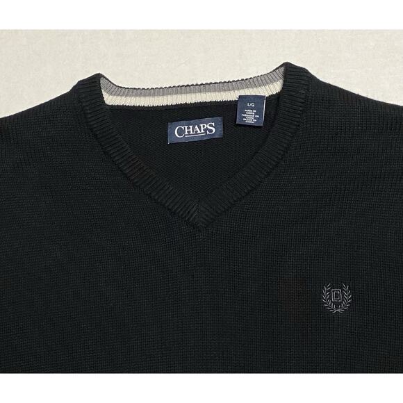 Mens Chaps V-Neck Sweater Tight Knit Long Sleeve 100% Cotton Black Sz Large EUC - Picture 3 of 11